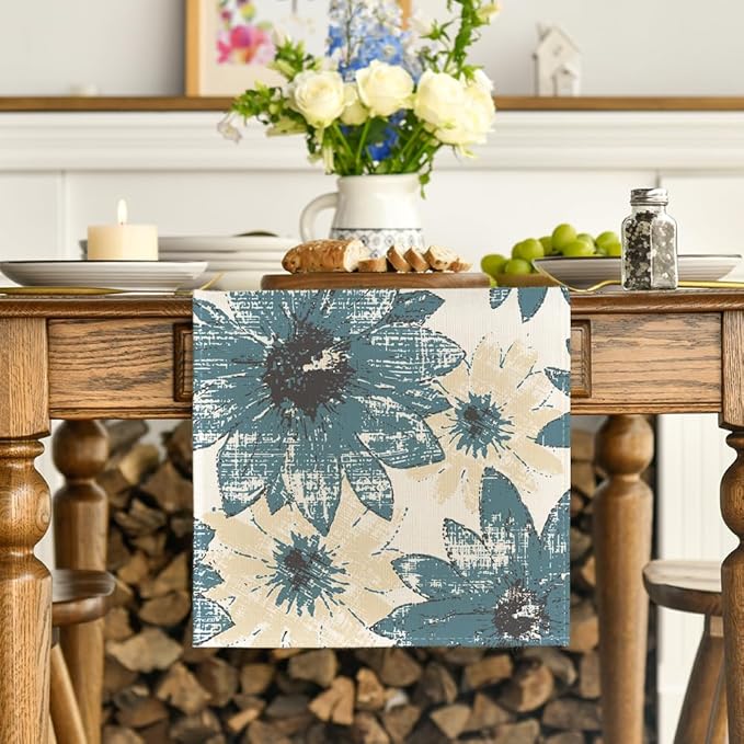Artoid Mode Blue Retro Daisy Spring Table Runner, Seasonal Vintage Kitchen Dining Table Decoration for Home Party Decor 13x72 Inch