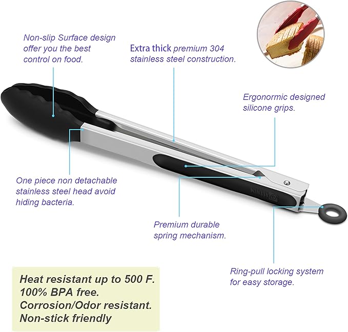 3 Pack Black Kitchen Tongs, Premium Silicone BPA Free Non-Stick Stainless Steel BBQ Cooking Grilling Locking Food Tongs, 9-Inch 10-Inch & 12-Inch