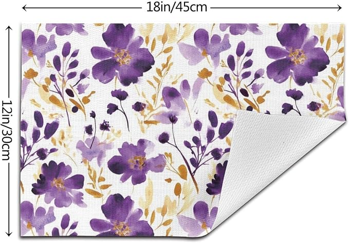 Purple Floral Linen Placemats Set of 4, Gold Accented Flowers Printed Place Mats for Dining Table, Kitchen, Party, Heat Resistant Non-Slip Purple Table Mats, Gift for Wedding, Spring Easter Home Decor