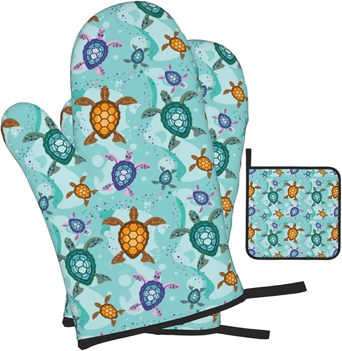 Cute Sea Turtle Beach Oven Mitts and Pot Holders Set Ocean Themed Decorative Heat Resistant Microwave Oven Gloves for BBQ Baking Grilling Cooks Kitchen Decor 3 Piece