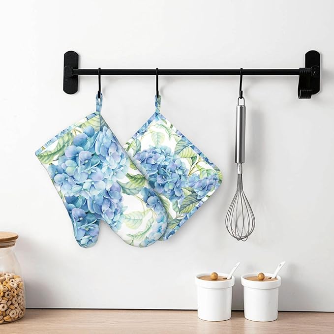Blue Hydrangea Flowers Watercolor Oven Mitts Pot Holders Set Silicone Kitchen Oven Mitts Heat Resistant Potholders Non-Slip 4pcs Hot Pads and Oven Gloves Sets for Baking,Cooking,BBQ,Grilling