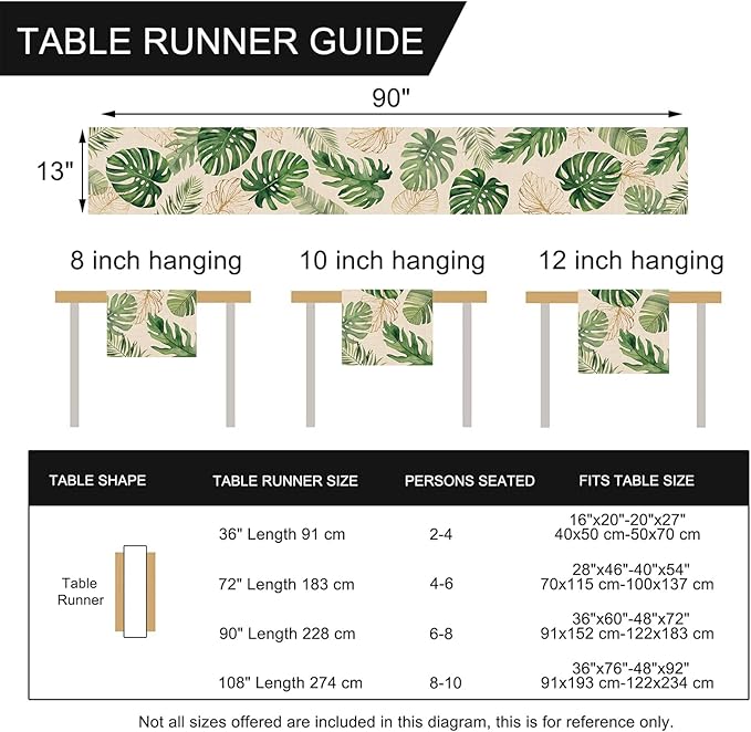 Seliem Summer Palm Leaves Tropical Greenery Table Runner, Monstera Home Kitchen Dining Plant Decor, Spring Seasonal Decorations Indoor Outdoor Hawaii Luau Anniversary Party Supply 13 x 90 Inch