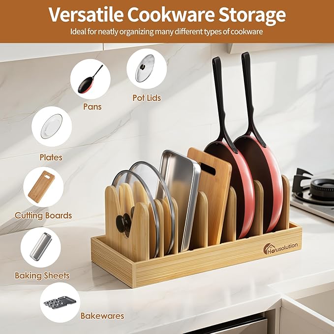 Housolution Bamboo Pot and Pan Organizer for Cabinet, Pot Lid Organizer with 7 Adjustable Dividers, Pan Holder Storage Rack with Solid Bamboo Wooden Base
