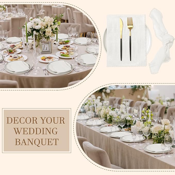 Preboun 24 Pcs Fringe Napkins Bulk Cloth Cotton Soft 17 x 17 Inch Rustic Reusable Washable Festive Square Table Napkins with Fringe for Parties Wedding Restaurant Table Accessory(White)