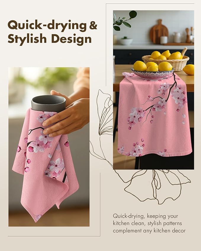 Miss Adola Flour Sack Kitchen Towels - Set of 2 Cotton Dish Towels with Hanging Loop Decorative 18x26 Inch Absorbent Cute Design for Housewarming Gifts, Pink Blossom