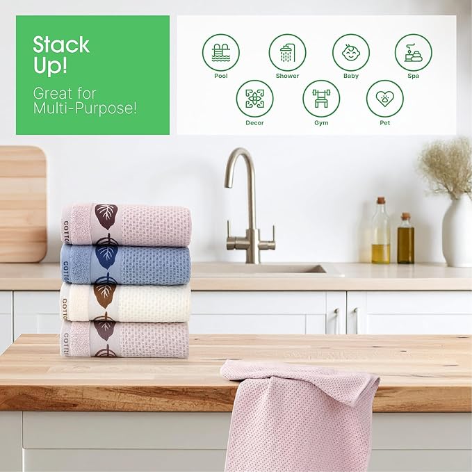 4 Pack Hand Towels, Bath Towels, Kitchen Towels and Dishcloths Sets, 30 x 14 Inches, Absorbent Dish Towels for Kitchen, Microfiber Cleaning Cloth, Waffle Kitchen Towels (Leaf-Shaped)