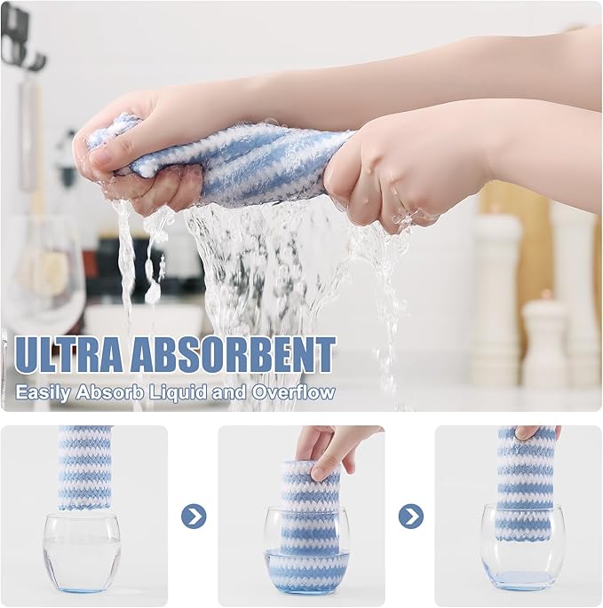 Homaxy 12 Pack Kitchen Dish Cloths, Ultra Soft and Absorbent Dish Towels, Reusable Fast Drying Microfiber Cleaning Cloth, Coral Velvet Wave Design No-lint, 10 x 10 inches, Blue