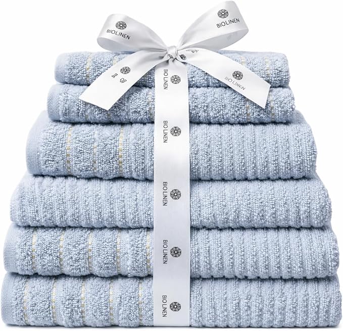 BIOLINEN Sky 6-Piece Luxury Cotton Towel Set - 2 Bath Towels, 2 Hand Towels, 2 Washcloths - Soft Absorbent Towel Pack for Bathroom, Home, Gym & Travel