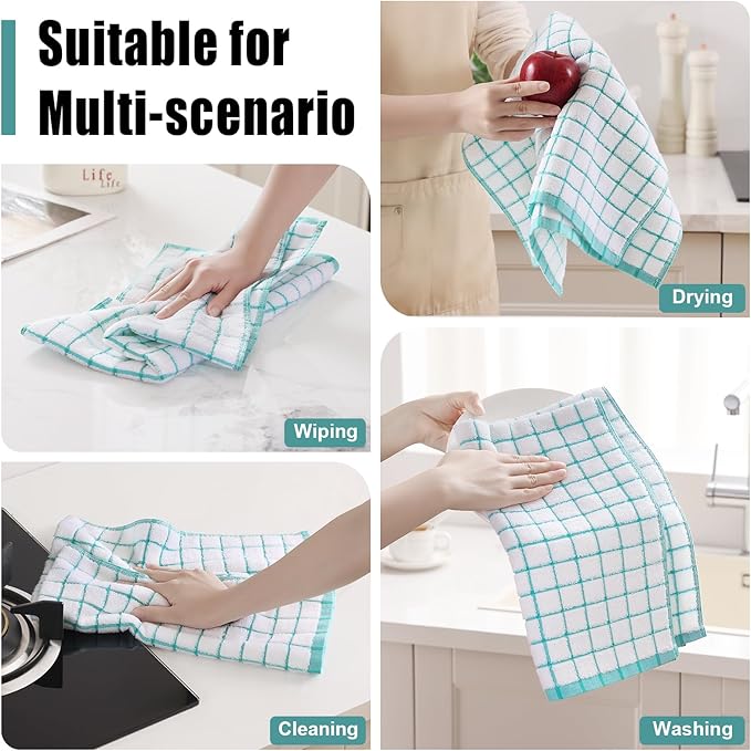 Homaxy Premium Kitchen Towels(16”x 28”, 8 Pack), Large Ring Spun Cotton Dish Towels, Super Absorbent Soft Terry Kitchen Hand Towels, Check Design Tea Towel Set with Hanging Loop, Aqua