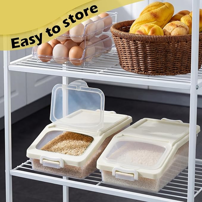 Blushtier 3 Pcs Rice Storage Container 11 lb Airtight Flour Container with Wheels Measuring Cup Clear Pet Food Dog Cat Birds Food Bin Grain Cereal Organizer Box for Dry Baking Supplies(Milky White)