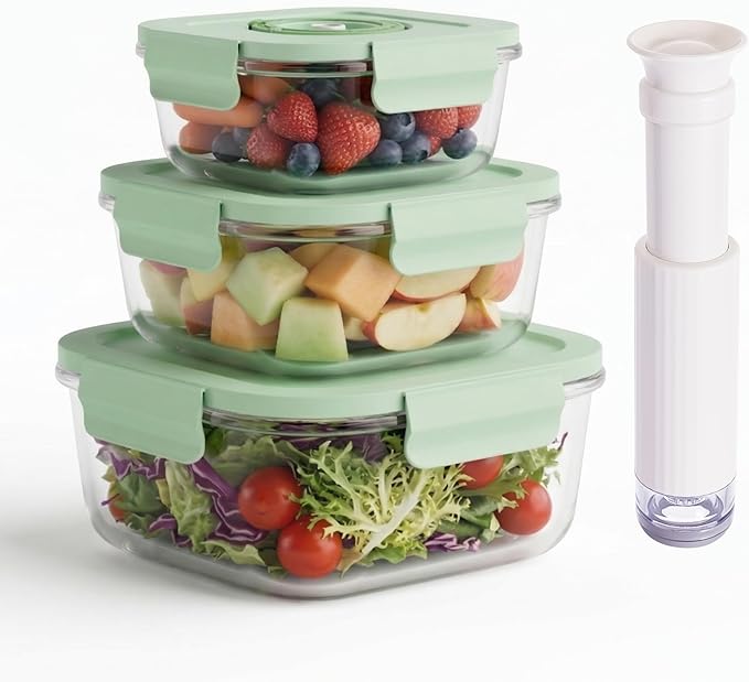 Glass Vacuum Sealable Container Set, 3 Containers, 10 Bag, Hand Pump
