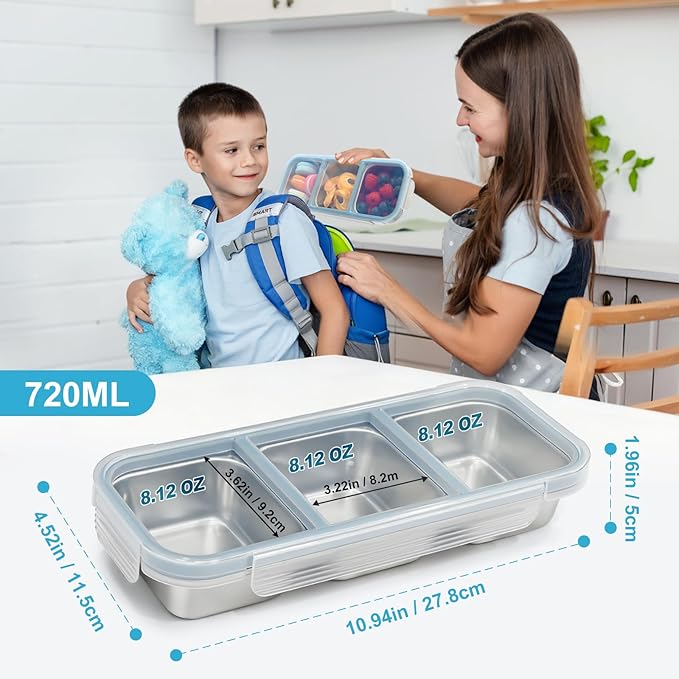 Stainless Steel Snack Containers with Lids, (3 Pack) Snackle Box Airtight Leakproof 3-Compartment Bento Box, Reusable Food Storage Container for Lunch, Travel, Picnics, and Office