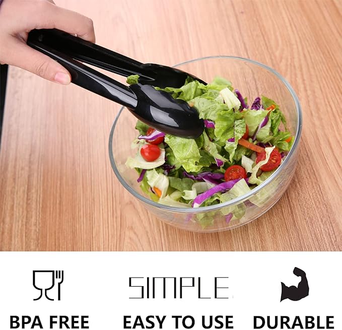 24 Pieces Disposable Serving Tongs, 9" Heavy-Duty Plastic Utensils, BPA-Free, Scalloped Grip Salad Tongs, Perfect for Buffets, BBQ, Parties & Catering, Black