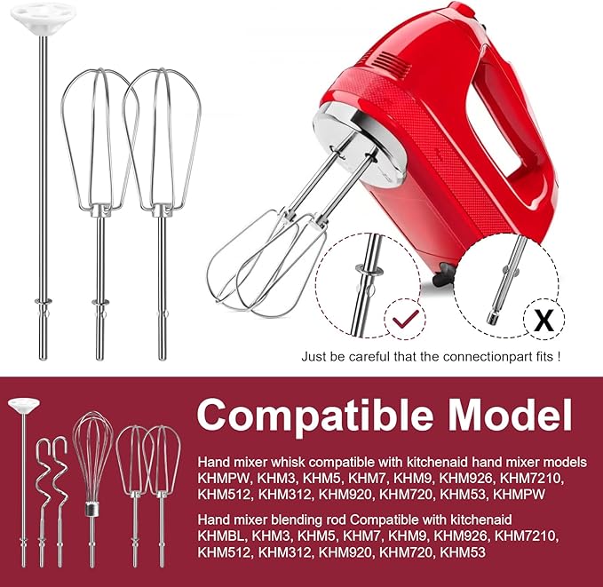 Hand Mixer Attachments Beater, Whisk, Blending Rod and Dough Hooks, Stainless Steel Hand Mixer Accessories Compatible with Kitchenaid Hand Mixers KHM3 KHM5 KHM7 KHM9, Set of 6