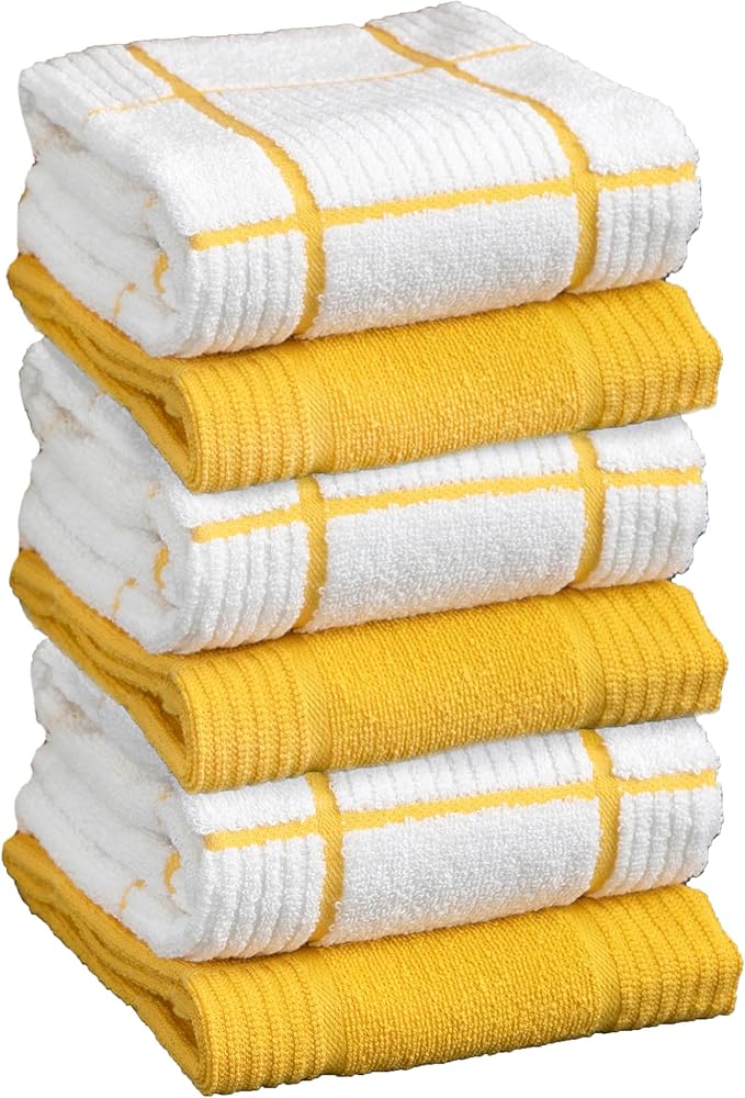 T-Fal Solid & Checked Parquet Kitchen Towels: Highly Absorbent, Super Soft Long Lasting - 100% Cotton, 16"x26" Dish Towels for Cleaning & Drying Dishes, Pans, Glassware, Countertops, 6-Pack, Lemon