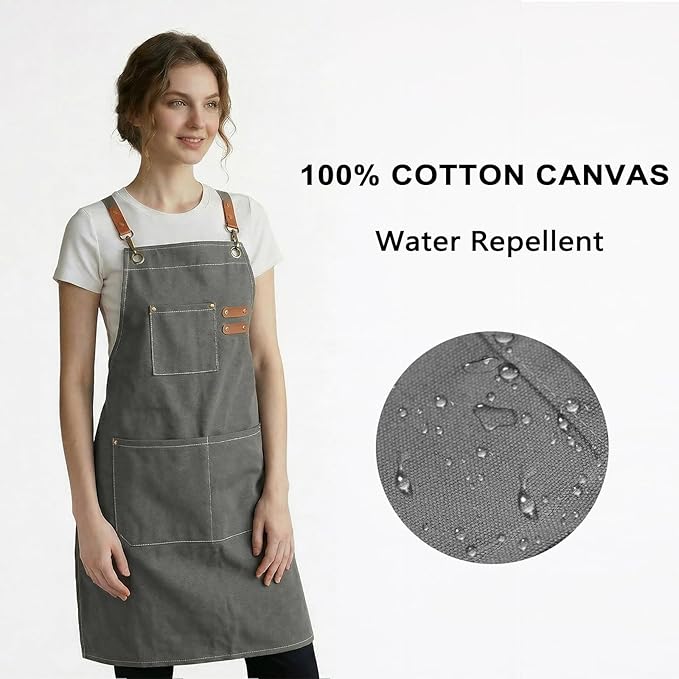 ZOMAO Chef Apron for Women Men with Large Pockets, Cotton Canvas Cross Back Waterproof Work Aprons for Kitchen Cooking Bib