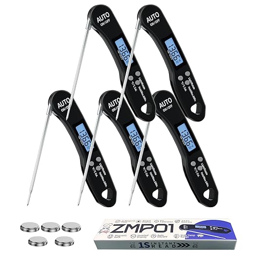 5 PCs Instant Read Meat Thermometer, 1.2s Fast Read, ±1°F Accuracy, -58°F to 572°F, 4.4" Foldable Probe, 0 °C Calibration, Min/Max (Session), Auto-Rotating Backlit Display, °F/°C, Magnetic Back