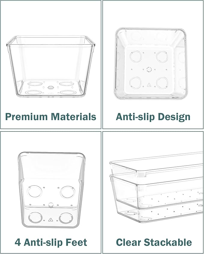 55Pcs Clear Plastic Drawer Organizers Set, 4size makeup drawer organizer trays for vanity,desk,bathroom,office,nightstand,gadgets for kitchen drawer, Versatile drawer divider storage bins