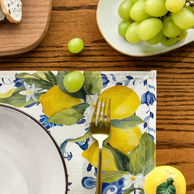 Artoid Mode Lemon Blue and White Porcelain Summer Placemats Set of 4, 12x18 Inch Vanilla Holiday Table Mats for Party Kitchen Dining Decoration