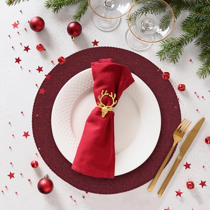 Round Placemats Set of 6, 15 Inch Linen Fabric Table Placemats, Heat Resistant, Wrinkle Free Washable Placemats Kitchen Place Mats Set of 6 for Dining Table Party Table (Wine Red, 6)