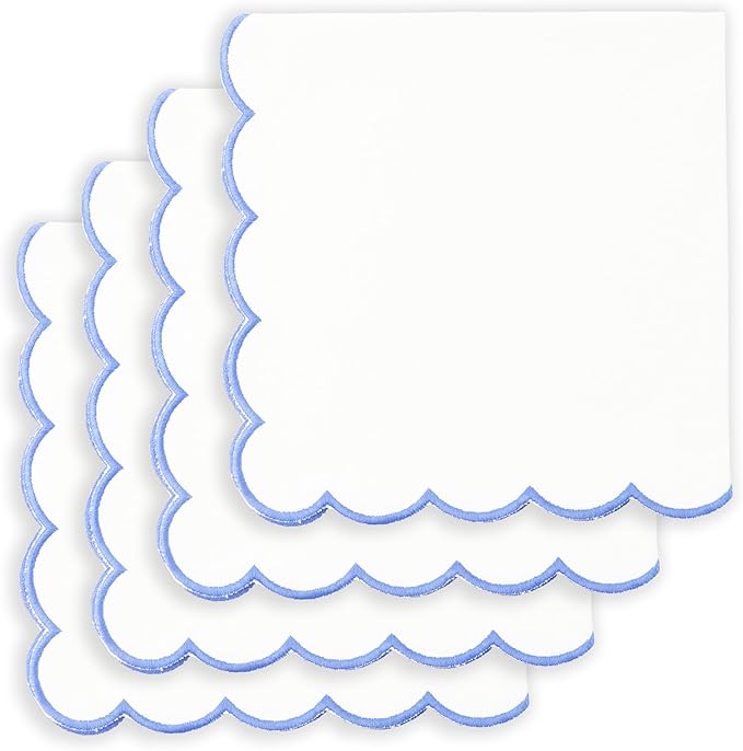 PurpleEssences Scalloped Embroidery Cloth Napkins - Spring Easter Summer - Table Decor - 100% Cotton - Set of 4-18x18 inch - White - Edges - Light Blue