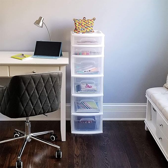 HOMZ Drawer Tower, 6-Tier Clear Plastic Storage Organizer Cart, White Frame - Heavy-Duty Organizing Drawers for Home, Bedroom, and Closet Organization
