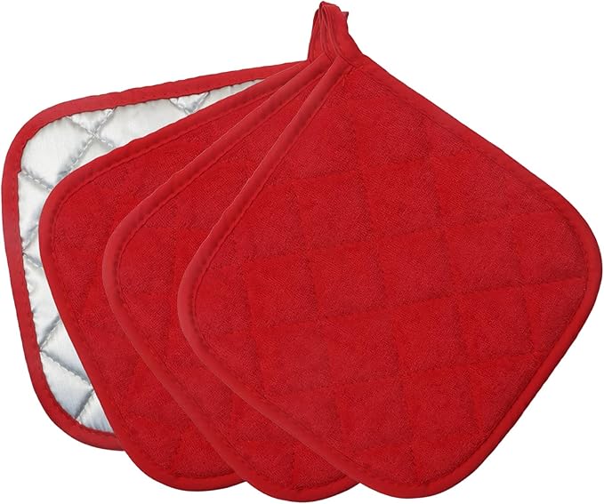 4 Pcs Quilted Pot Holder, Cotton Heat Resistant Hot Pads for Kitchen, Countertops, Oven Pot Holders (Red)