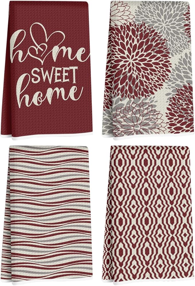 4 Pcs Abstract Artistic Kitchen Towels, Red Flower Soft Absorbent Tea Hand Towel, Microfiber Dish Cloths for Drying Dishes, Waffle Dish Towels for Kitchen Bathroom, Housewarming Gifts for Women