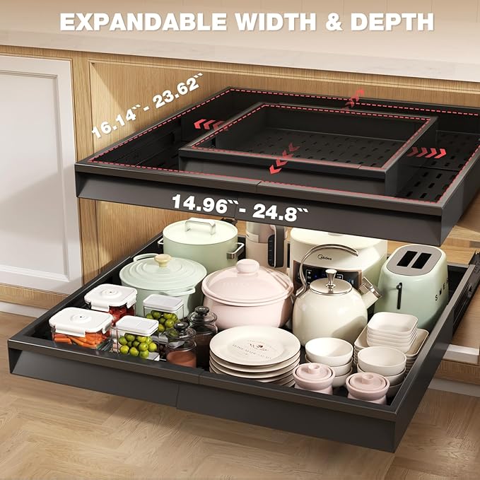 Seinloes 2 Pack Pull Out Cabinet Organizer With Raising Pad for Framed Cabinets,Expandable Width (15"-25") and Depth (17"-24"),3 Slide Rails Slide Out Drawers with Handle,No-Drill Roll Out Shelf,Black