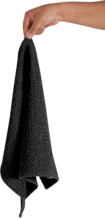 Native Fab Set of 4 Premium Waffle Dish Towels 16x26 inches - Soft Absorbent - 100% Cotton Kitchen Towels for Quick Drying Dishes, Reusable Cleaning Cloths, Black