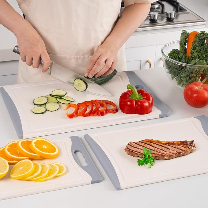 Extra Large Cutting Boards, Plastic Cutting Boards for Kitchen (Set of 3) Cutting Board Set Dishwasher Chopping Board with Juice Grooves Easy-Grip Handles, Beige, Empune