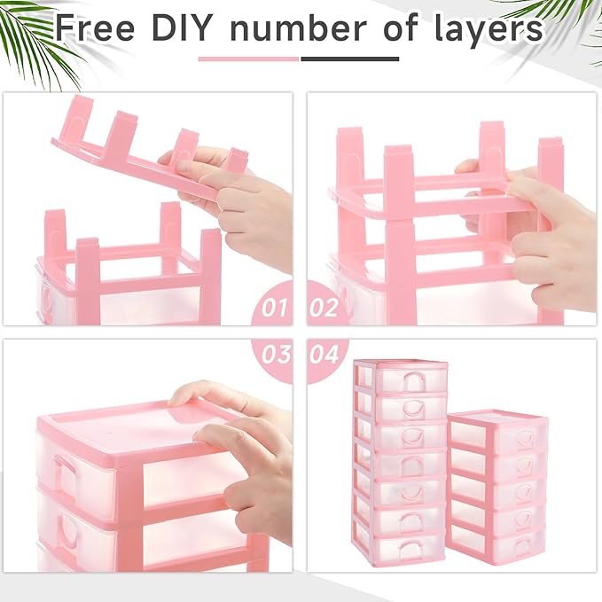 Thyle 2 Pcs Plastic Drawers Organizer Mini Organizer Stackable Plastic Clear Drawer Storage Box Containers Storage Units for Desktop Classroom Craft 6.7 x 4.9 x 13.4 inches(Pink)