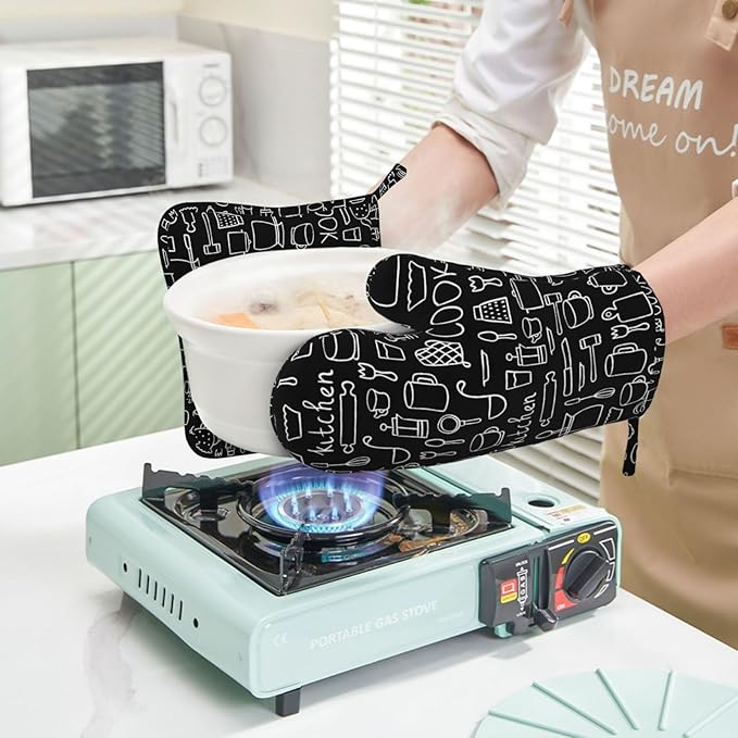 Kitchen Everyday Oven Mitts and Pot Holders 4 pcs Set Silicone Black Kitchen Oven Mitt Gloves Pot Holders Non-Slip Heat Resistant Cooking Mitts Set for Kitchen Baking Grilling BBQ