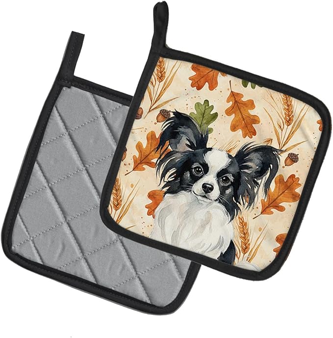 Caroline's Treasures Black and White Papillon Heirloom Fall Pair of Pot Holders Pair 7.5x7.5 Quilted Insulated Hot Pads Decorative Kitchen Gift Made in USA