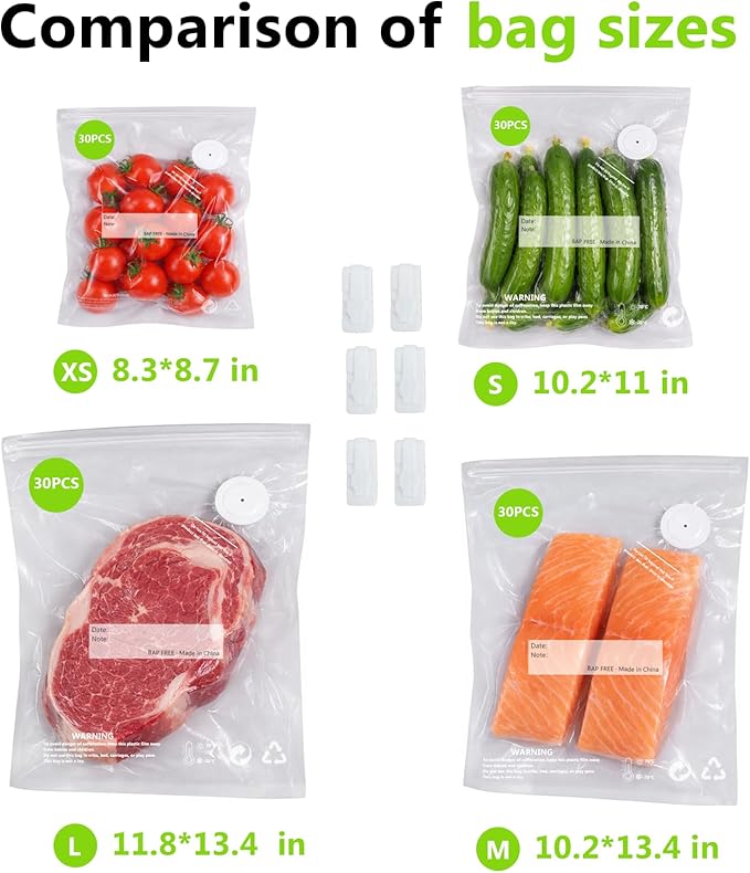 Reusable Vacuum Sealer Bags for Food – 30 Pack 8.3 * 8.7 Inches, Leak-Proof & BPA-Free, Includes 3 Free Bag Clips, Ideal for Food Storage, Freezer & Handheld Vacuum Sealer Compatible | Leak-Proof, BPA-Free, Triple seal, 90 μm Thickened bag, Superior se...