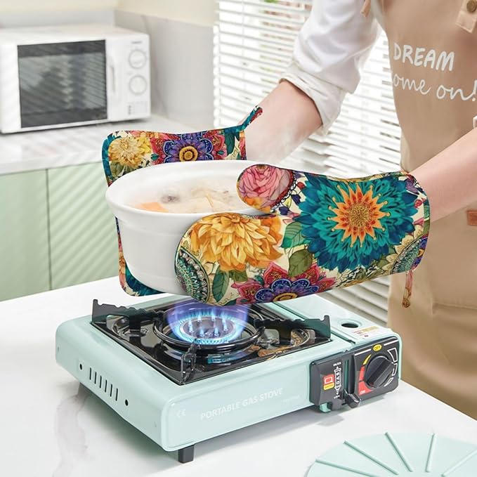 Oven Mitts and Pot Holders Colorful Flower Pattern Boho Silicone Kitchen Accessories Set of 2 Heat Resistant Long Gloves Potholder Non-Slip Grip for Chef Cooking,Baking,Grilling,BBQ