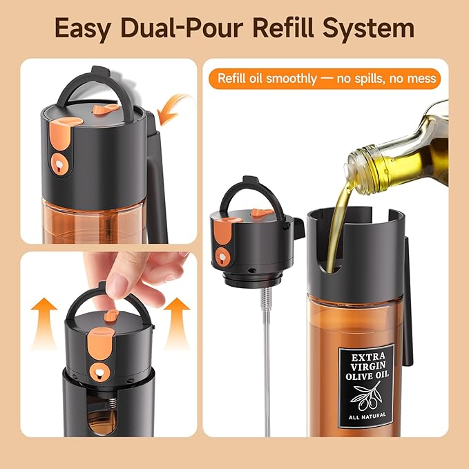 Oil Dispenser and Sprayer 16oz/500ml 2 in 1 Oil Mister for Cooking, Fine Mist Oil Sprayer with Portion Control Non Aerosol Leak Proof Design, UV Resistant Glass（Black）