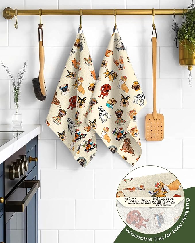 Miss Adola Flour Sack Kitchen Towels - Set of 2 Spring Dish Towels with Hanging Loop 18x26 Inch Absorbent Reusable Cotton Cloths for Cleaning Cute Design Home Decorative Housewarming, Dog Lovers