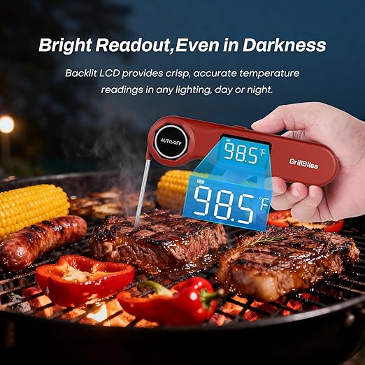 Instant Read Meat Thermometer, GrillBliss USB-C Rechargeable Digital Food Thermometer with 0.5s Fast Read & ±0.5℉ Accuracy, VA LCD Display, Cooking Thermometer for BBQ, Grill, Candy, Brewing