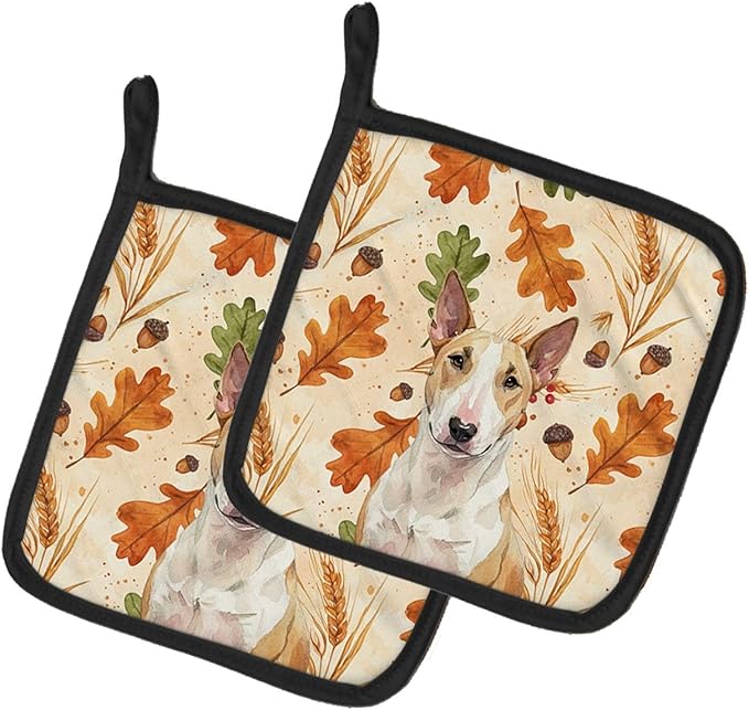 Caroline's Treasures Fawn and White Bull Terrier Heirloom Fall Pair of Pot Holders Pair 7.5x7.5 Quilted Insulated Hot Pads Decorative Kitchen Gift Made in USA