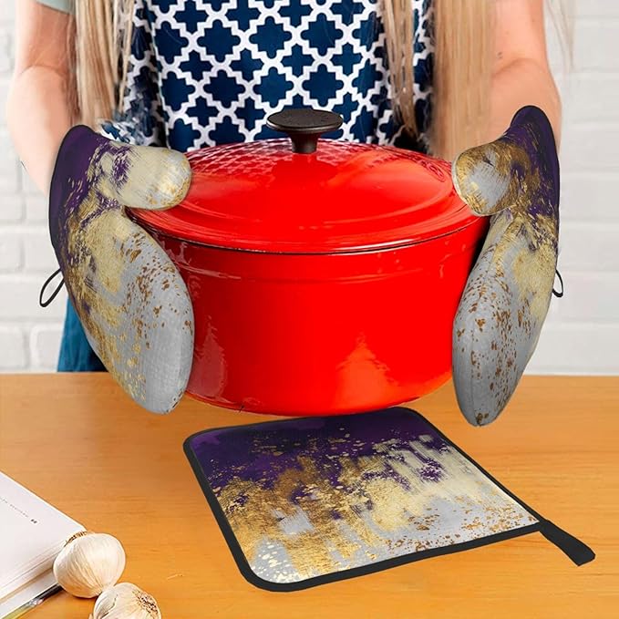 3 - Piece Purple and Gold Splash Patterned Oven Mitts and Pot Holders Set, Heat Resistant Non-Slip Modern Abstract Art Purple Kitchen Gloves for Cooking Baking Grilling, Gifts for Women, Home Decor