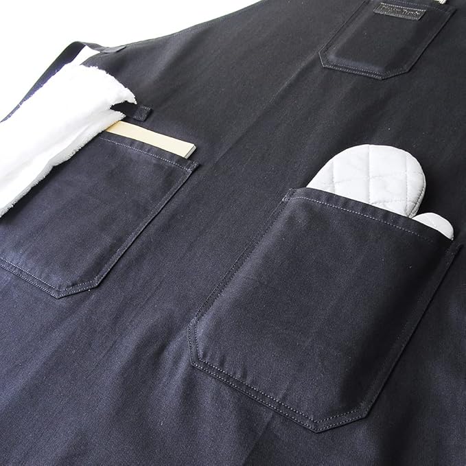 Black Cotton Kitchen Apron, Mens Womens Professional Cooking Bib Apron for Chef Grill BBQ, with Pockets Towel Loop and Adjustable Neck Strap