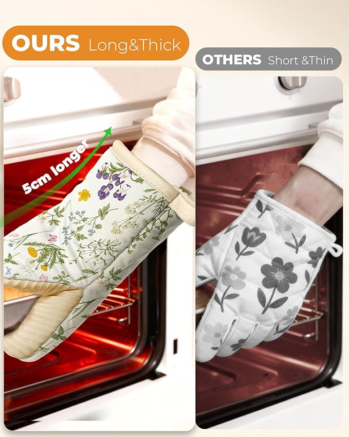 Slohif Mini Oven Mitts Set – Extended Short Heat Resistant Kitchen Gloves for Women, 100% Cotton Oven Mitts with Silicone Grips, Non-Slip and Thick Durable for Cooking & Baking，White