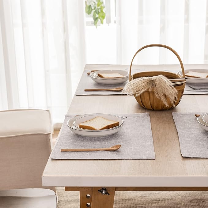 Kevin Textile Faux Linen Heat Resistant Placemats for Dining Table Set of 4, Easy to Clean Anti-Slip Place Mats, 13" x 19", Grey White