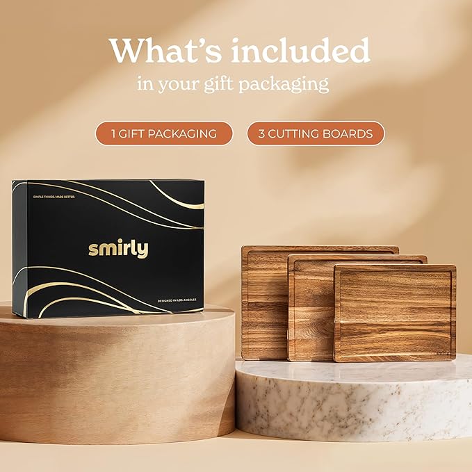 SMIRLY Wood Cutting Board, Bamboo Cutting Board Set, Chopping Board and Wooden Cutting Boards for Kitchen, Small Wood Cutting Board and butcher block (Acacia Wood, 3 Pack)