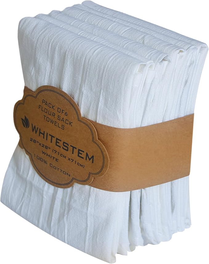 Flour Sack Towels | Tea Towel for Crafts | Kitchen | Dish | Cotton Blank Towel for Embroidery | Baking Bread Proofing Linen Cover | Thick Absorbent Quick Dry | 6 Pack 28"x28" White