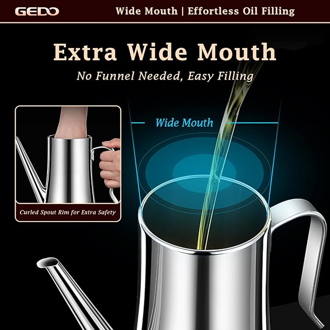 GEDO 304 Stainless Steel Oil Dispenser, Eagle Beak Drip-Free Spout Oil Pot with Extra Wide Mouth & Air Vent Lid, Large Capacity for Kitchen Cooking & Outdoor Grilling (1.05QT / 1000ml)
