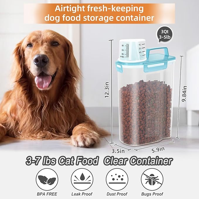 LEAWALK 3-5Lbs Airtight Small Cat Dog Pet Food Storage Containers BPA Free, with Large Pour Spout/1 Measuring Cup/ 4 Safety Locks and Double-layer Silicone Strip (Clear Grey &Clear Blue 4Pack)