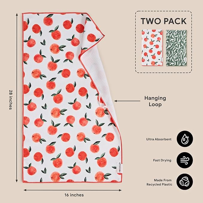 RECYCO Waffle Kitchen Towel Set of 2 - Quick Dry Microfiber Sustainable Dish Towels - Ultra Absorbent Reusable Cleaning Tea Towels - Lightweight Hand Towels,16”x 28”, Peachy Leaves