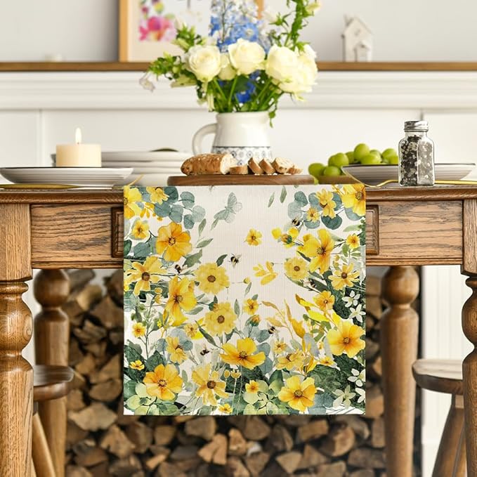 Artoid Mode Daisy Eucalyptus Leaves Spring Table Runner,Seasonal Summer Butterfly Kitchen Dining Table Decoration for Home Party Decor 13x90 Inch